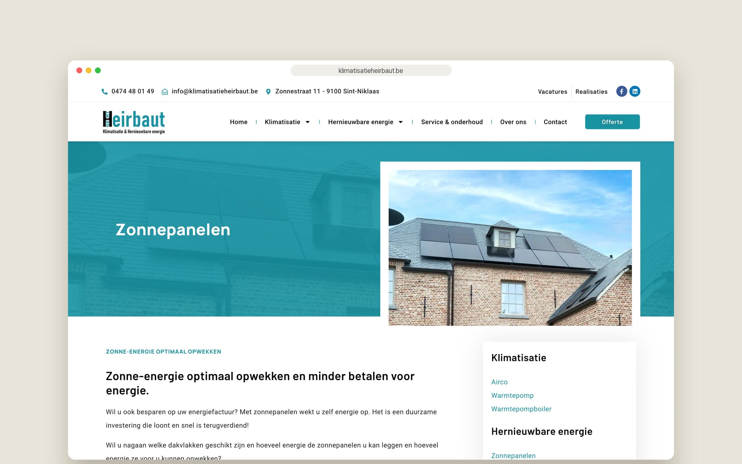 Website Klimatisatie Heirbaut — dienstpagina zonnepanelen