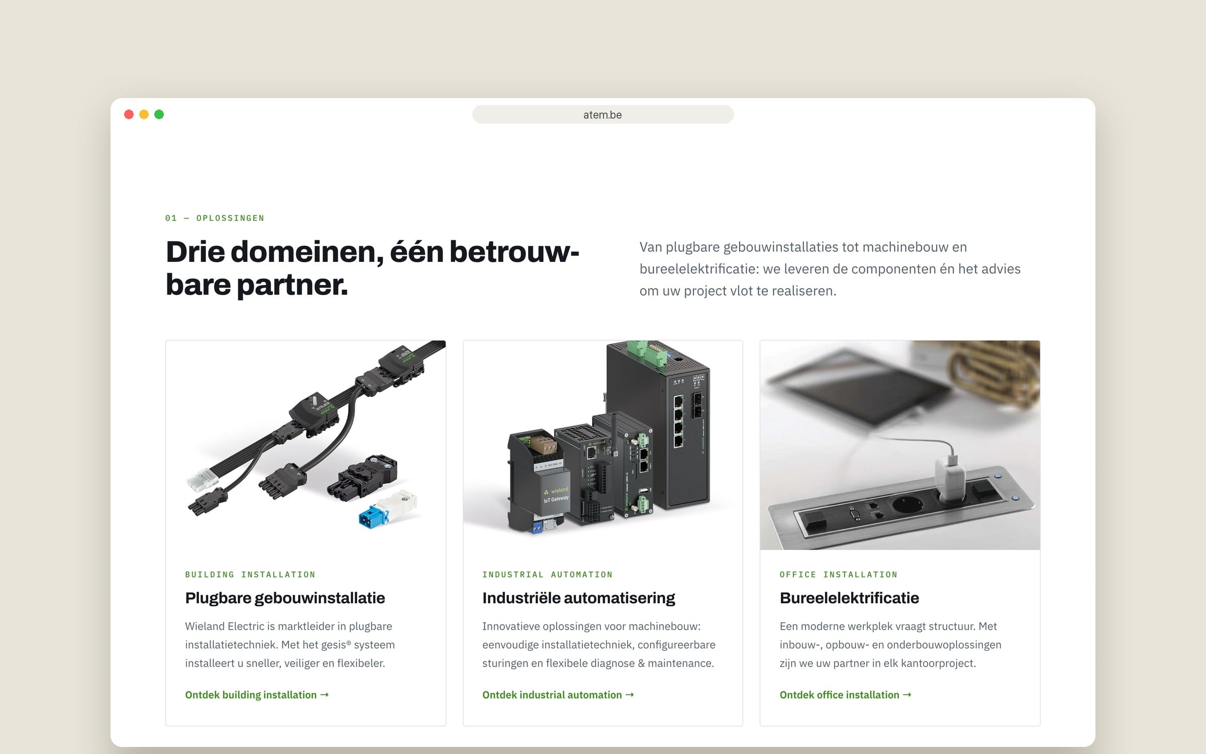 Website ATEM — drie domeinen: building installation, industrial automation en office installation
