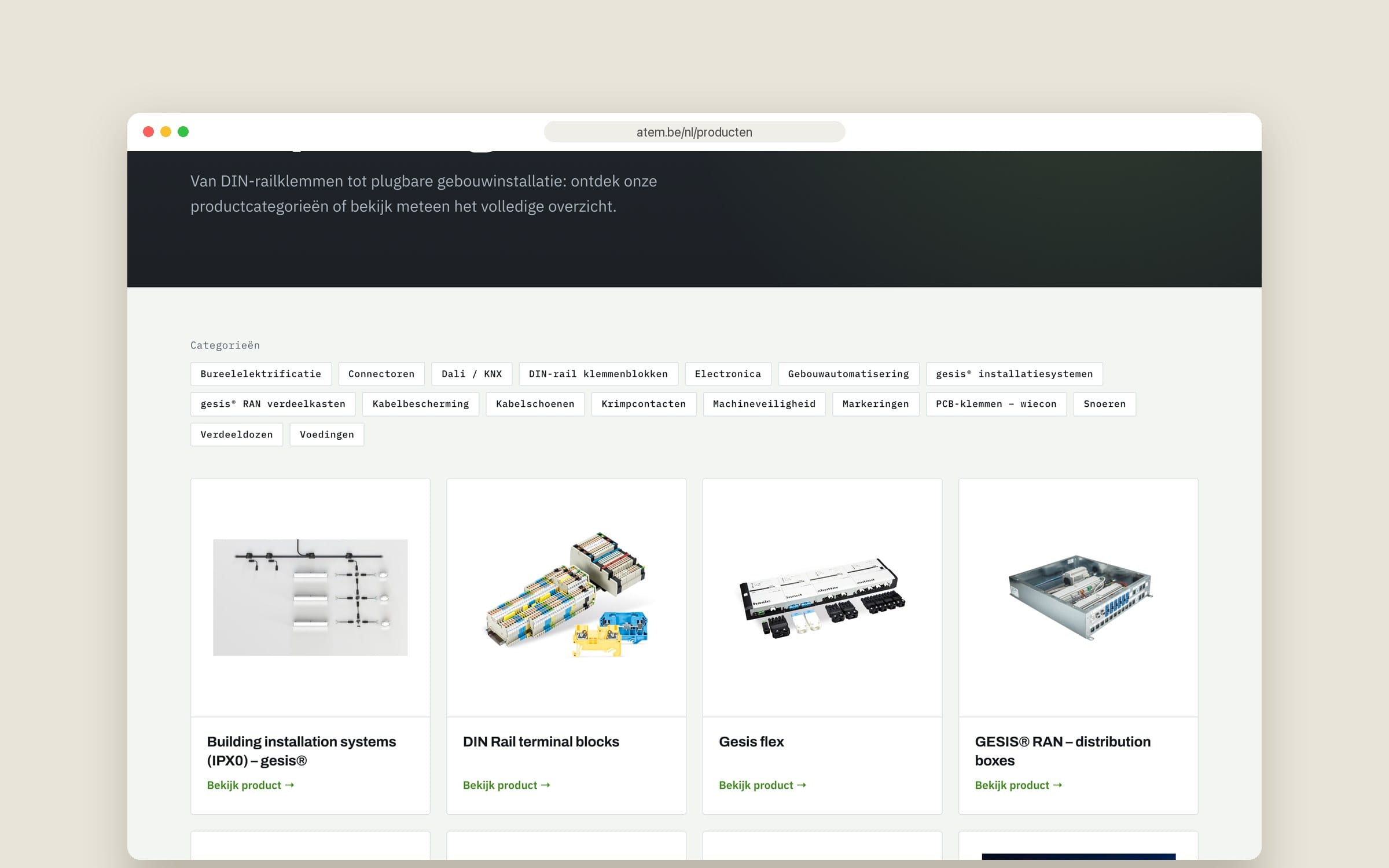 Website ATEM — productgamma met filter per categorie