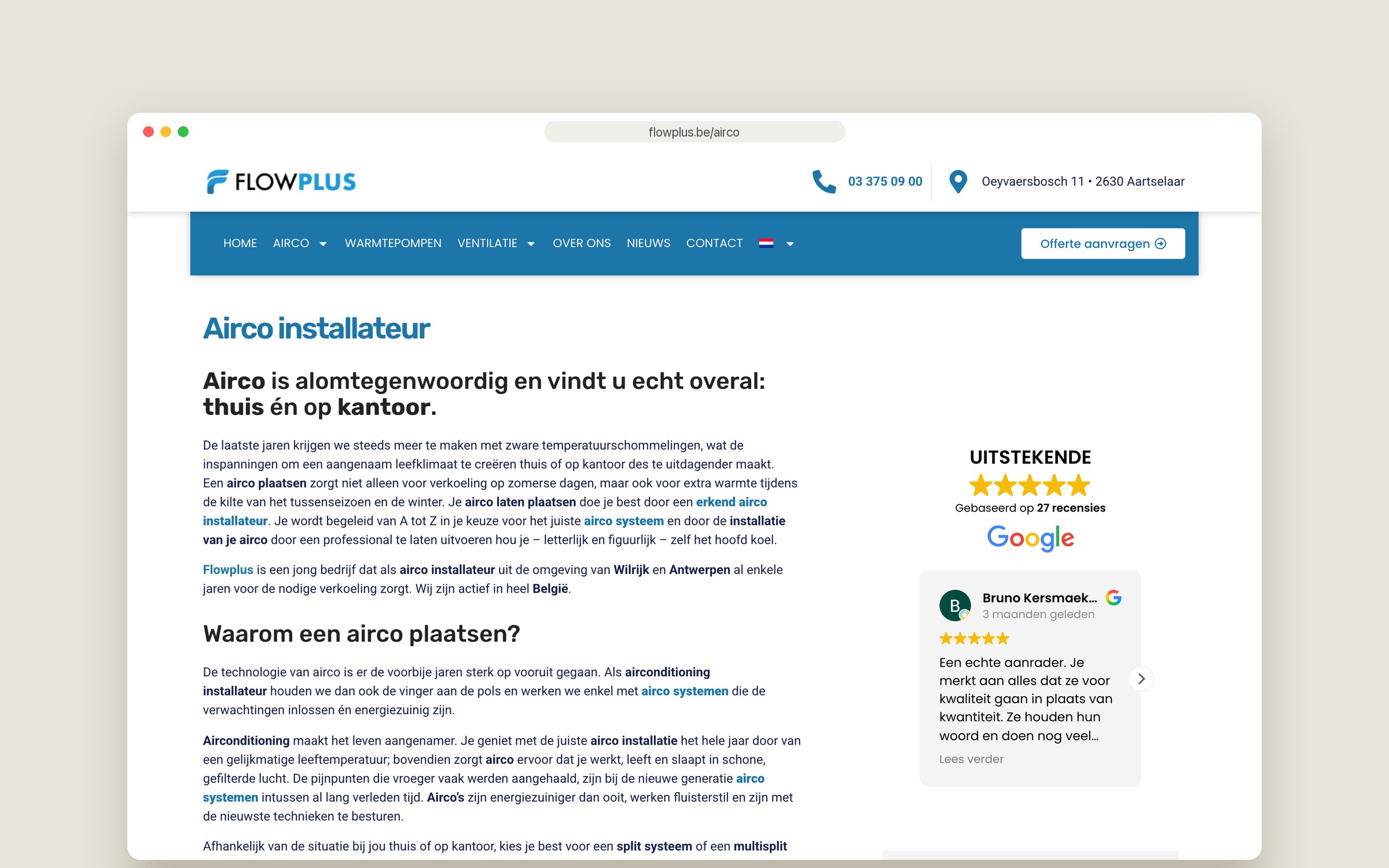 Website Flowplus — dienstpagina airco
