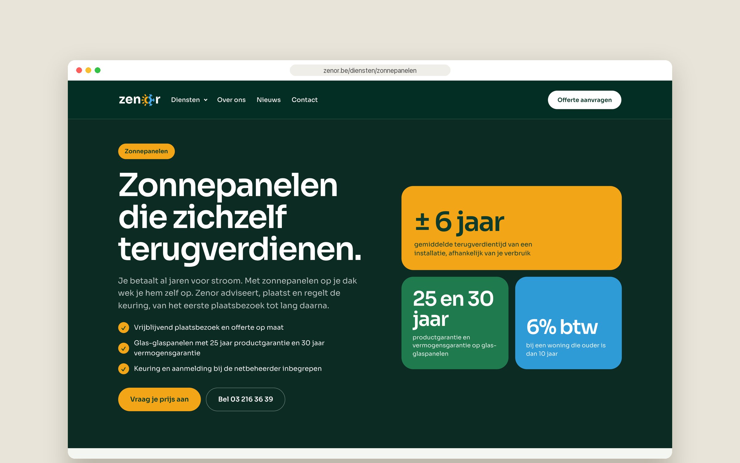 Website Zenor — dienstpagina zonnepanelen